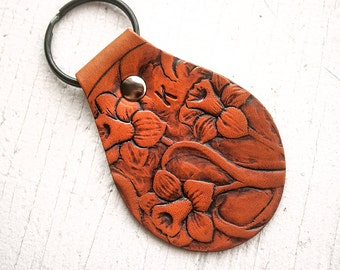 Daffodil Leather Keychain - Custom Hand Stamped Leather Fob - Your Choice of Initial and stain color