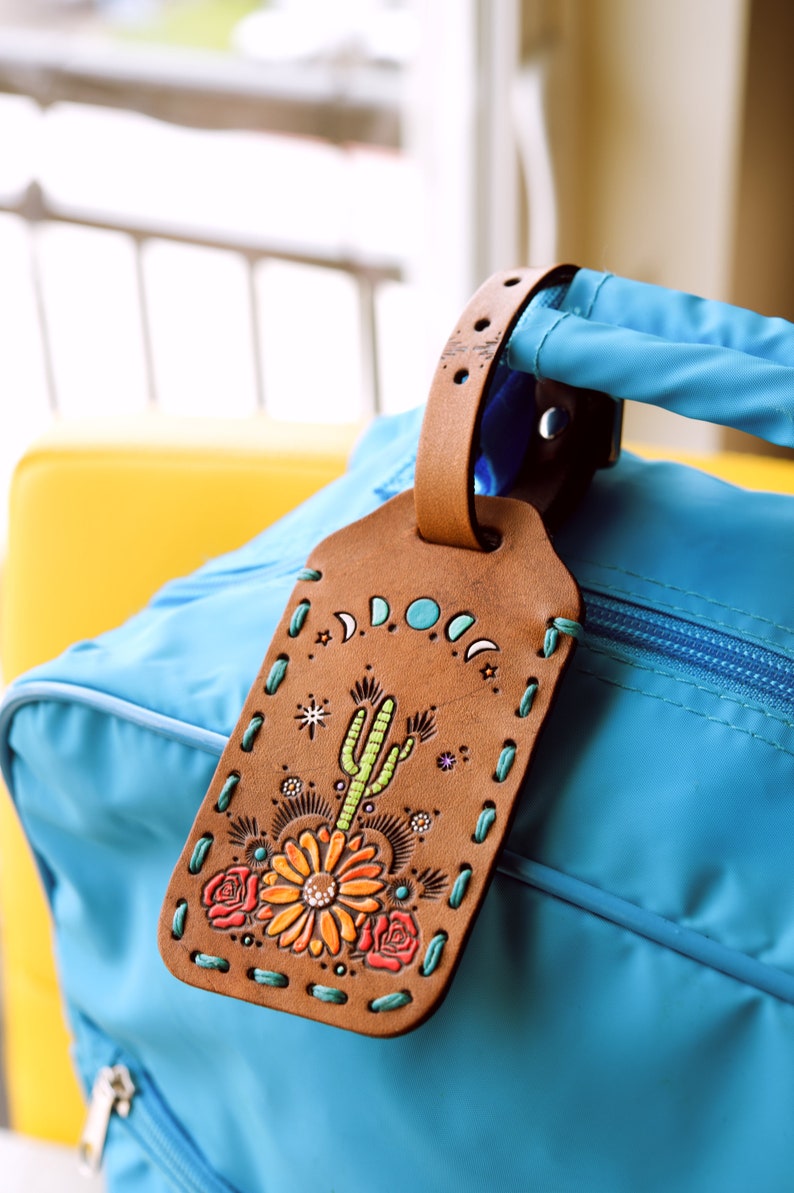 Leather Luggage Tag Southwestern Sunflowers, Roses and Cactus Bag Tag with ID Window Travel Gift Made to Order image 2