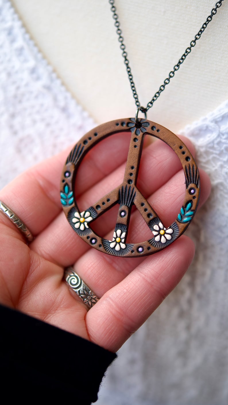 Daisy Peace Sign Leather Pendant Necklace Handmade and Painted to Order Mesa Dreams image 3