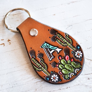 Custom initial leather key fob - Cacti, Saguaros and Daisies keychain - hand painted and hand stamped Cactus Succulent tag - Mesa Dreams