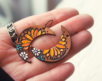 Mini Sunflower Crescent Leather Earrings - Sunny Daisy Bohemian jewelry - Made to Order - lightweight style