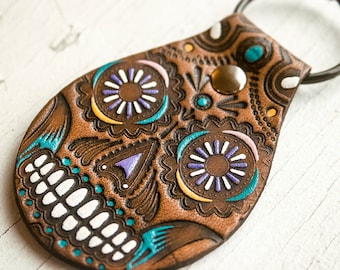 Sugar Skull Leather Keychain - Día de los Muertos - Day of the Dead - Mexicali - Mesa Dreams - Handmade - Made to Order