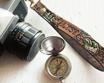 Custom Leather Camera Wrist Strap Or Key Ring - Woodland - Custom name - Swivel clip - Forest Trees Mountain Loop Wristlet - Mesa Dreams