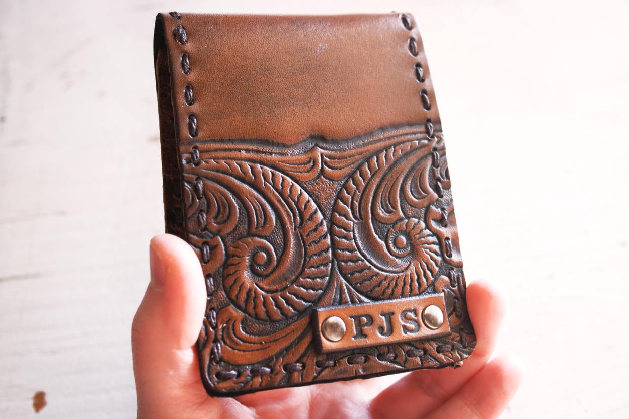 Handmade Leather Wallet Western Swirl Custom Initials | Etsy