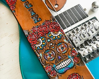 Custom Leather Guitar Strap - Acoustic or Electric - Roses and Sugar Skull Floral Design - Mexicali, Day of the Dead, Flower - Hand Painted