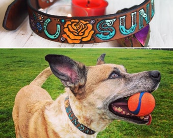Custom Leather Dog Collar for Ashley - Handmade tooled leather pet collar by Mesa Dreams