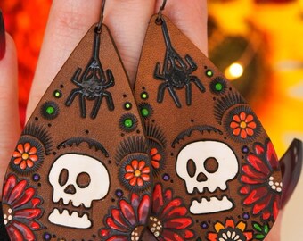 Spooky Garden Earrings - Leather Teardrops - Skull, Spiders and Flowers