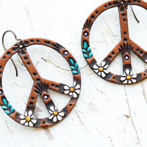 Daisy Peace Sign Leather Earrings Hippie Flower Power dangles Hippy colorful and handpainted by Mesa Dreams image 2