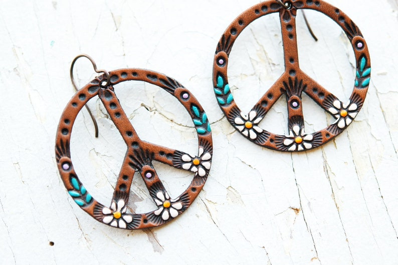 Daisy Peace Sign Leather Earrings Hippie Flower Power dangles Hippy colorful and handpainted by Mesa Dreams image 2