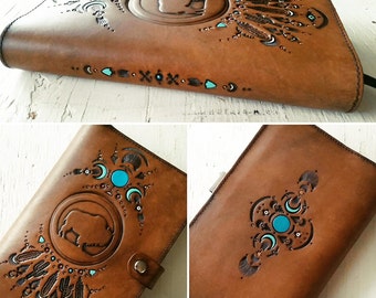 Leather Journal - Night Moon Buffalo Feathers & Cacti Dreamcatcher - Hand Tooled Leather Diary - Southwestern - Mesa Dreams