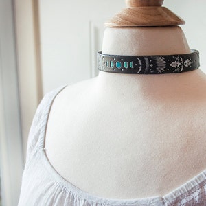 Choker necklace - Leather Moon Phase Choker - Black and Turquoise - Handmade by Mesa Dreams - Adjustable - Vintage Style