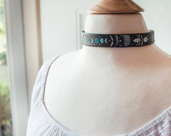 Choker necklace - Leather Moon Phase Choker - Black and Turquoise - Handmade by Mesa Dreams - Adjustable - Vintage Style