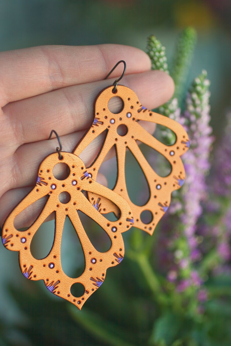 Lacy Art Nouveau Leather Earrings: Purple Accents, Niobium Ear Wires image 1