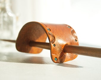 Handmade Leather Barrette with Teak Stick: Tooled Southwestern Design