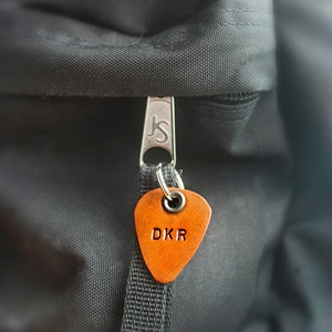 Leather Guitar Pick Personalize with up to 4 characters Zipper pull, luggage tag hand cut perfect for Dad image 1