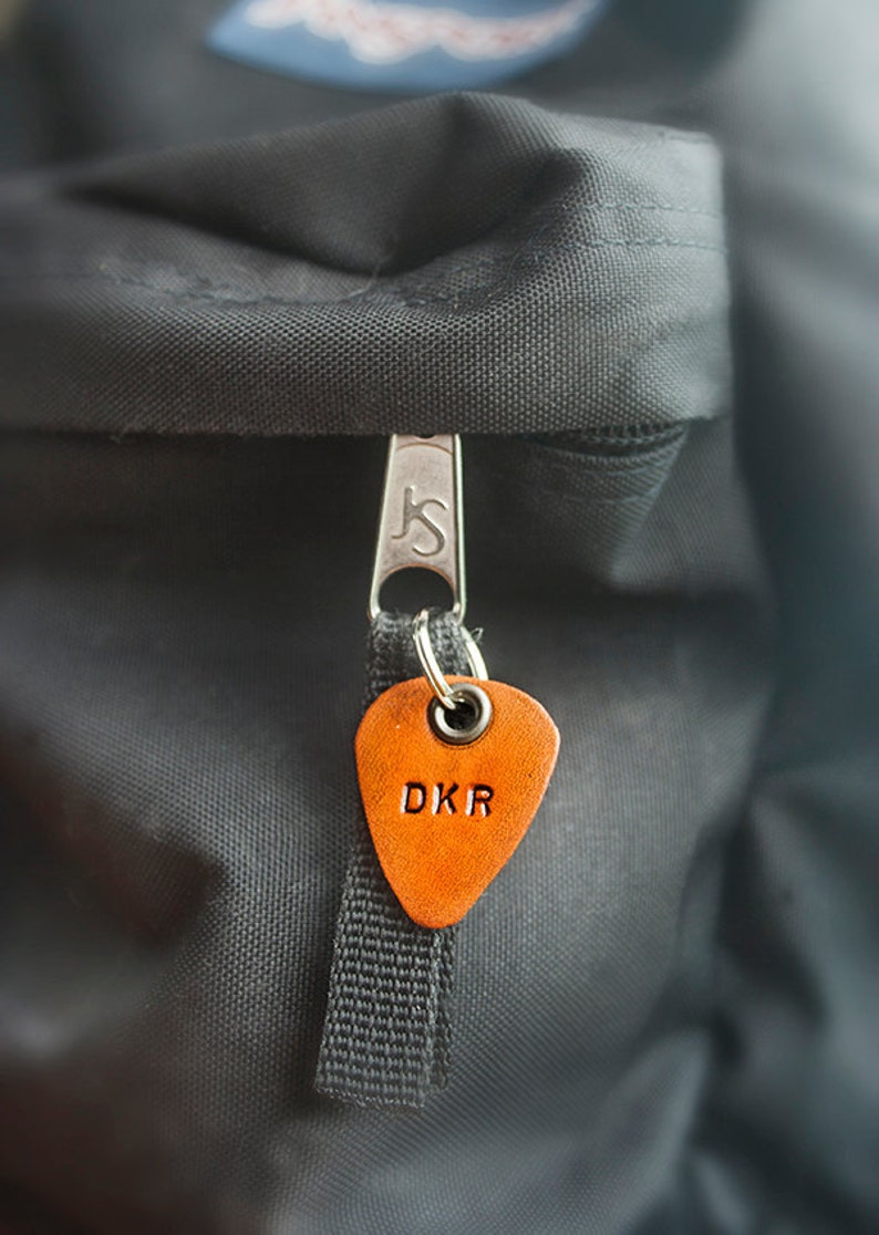 Leather Guitar Pick Personalize with up to 4 characters Zipper pull, luggage tag hand cut perfect for Dad image 1