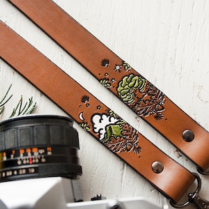 Leather Camera Strap Woodland Theme Personalized Hand painted Made to Order by Mesa Dreams Mountains, pine trees, hiking, acorns image 3