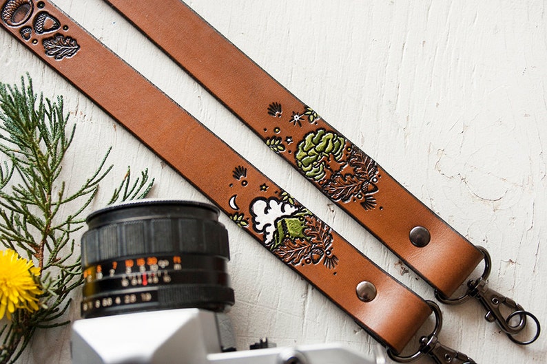 Leather Camera Strap Woodland Theme Personalized Hand painted Made to Order by Mesa Dreams Mountains, pine trees, hiking, acorns image 3