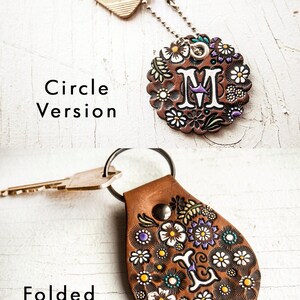 Custom initial leather key fob Floral Pattern Bag tag hand painted and hand stamped Your Choice of Keychain Shape image 2