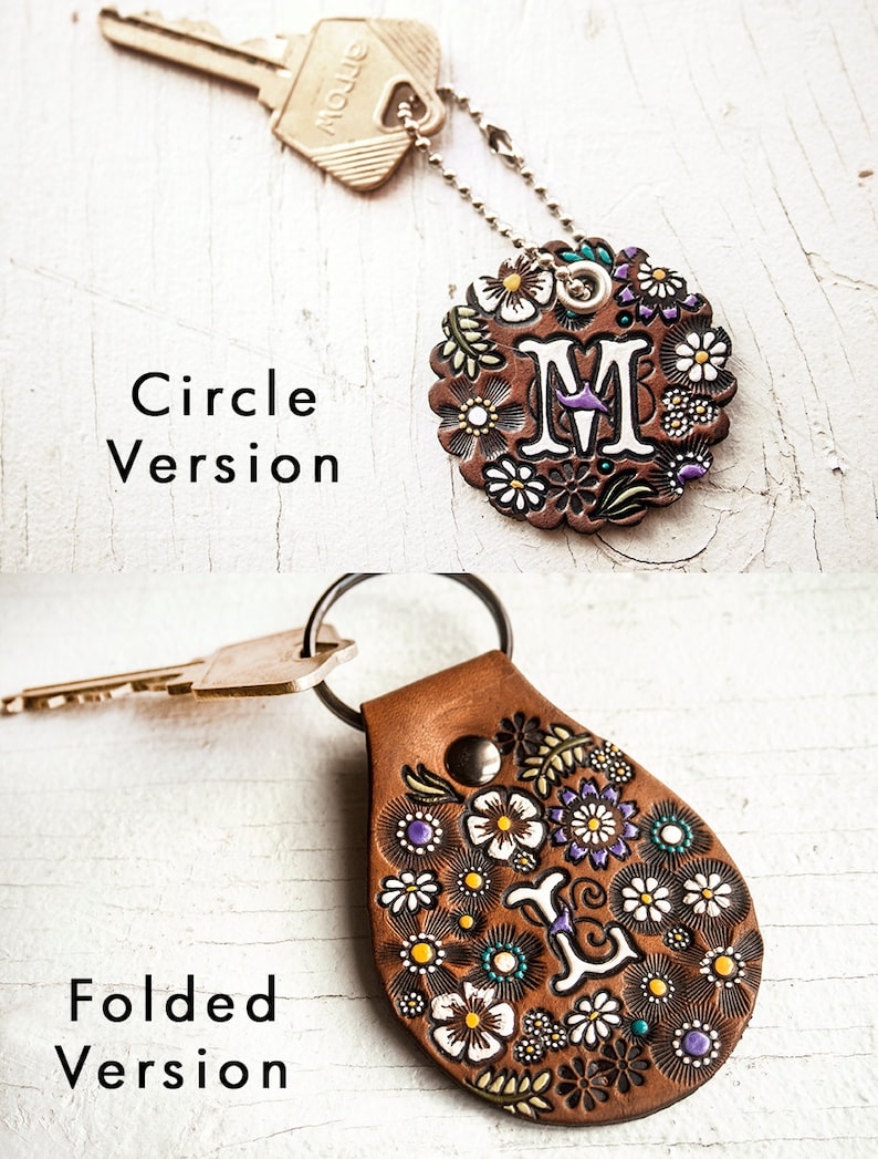 Custom initial leather key fob Floral Pattern Bag tag hand painted and hand stamped Your Choice of Keychain Shape image 2