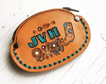 Custom Leather Coin Purse - Cowgirl boots and flowers - Choose initials, accent color and thread color - personalized leather purse, wallet