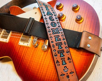 Custom Leather Guitar Strap - 2" wide & adjustable - Acoustic or Electric - Southwestern Desert Native Style