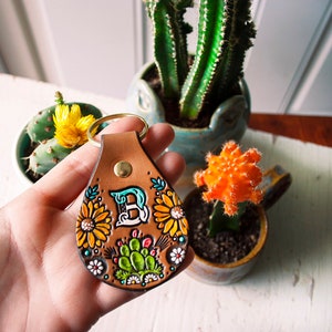 Custom initial leather key fob Cacti and Sunflowers Pattern keychain hand painted and hand stamped Cactus Succulent tag Mesa Dreams image 2