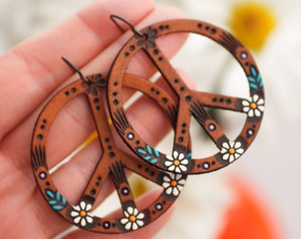 Daisy Peace Sign Leather Earrings: Hand-Painted Hippie Jewelry