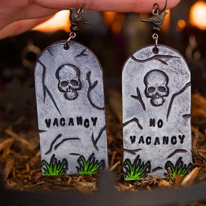 Halloween Cemetery Leather Earrings - Vacancy/No Vacancy Bates Motel Tombstone Earrings