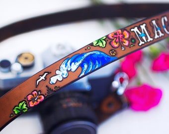 Custom Leather Camera Strap - Day at the Beach - Surfer Hawaiian Ocean Hibiscus Personalized - Handpainted - Camera Strap by Mesa Dreams