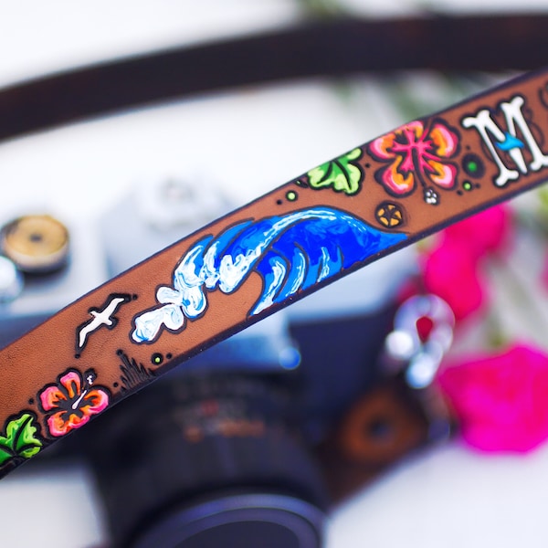 Custom Leather Camera Strap - Day at the Beach - Surfer Hawaiian Ocean Hibiscus Personalized - Handpainted - Camera Strap by Mesa Dreams