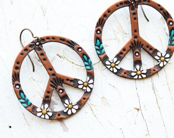 SMALLER Daisy Peace Sign Leather Earrings - Hippie Flower Power dangles - Hippy colorful and handpainted - Made to Order by Mesa Dreams