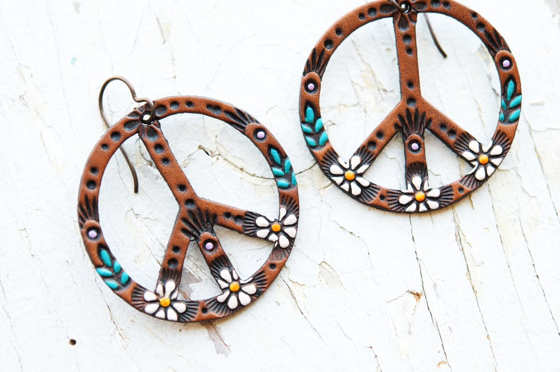 SMALLER Daisy Peace Sign Leather Earrings Hippie Flower Power dangles Hippy colorful and handpainted Made to Order by Mesa Dreams image 1