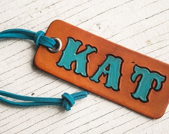 Custom Leather Tag with Initials - Personalized travel Luggage tag - Hand painted in your choice of accent colors - keychain or suede cord