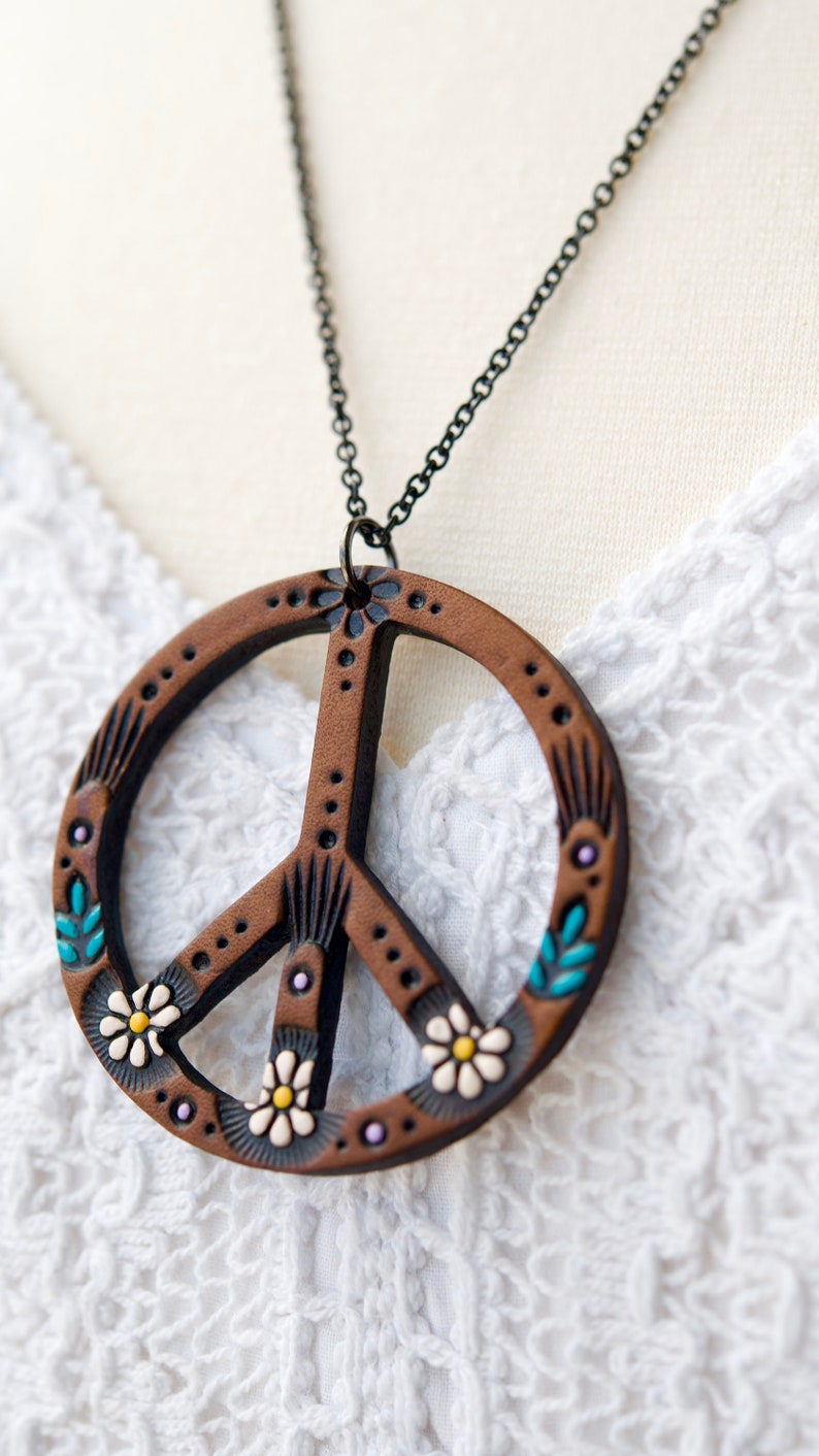 Daisy Peace Sign Leather Pendant Necklace Handmade and Painted to Order Mesa Dreams image 4