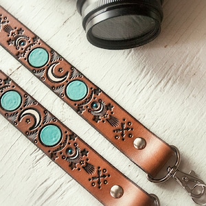 Custom Leather Camera Strap: Turquoise Moon, Personalized Handpainted