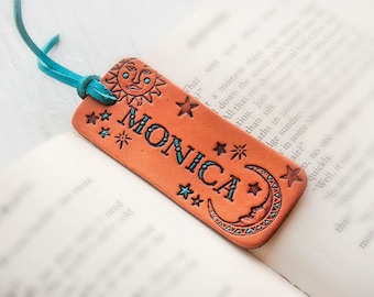 Custom Celestial leather tag - Sun, Moon and stars -Personalized name - Bookmark, Keychain or luggage tag