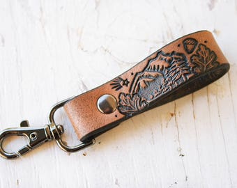 Leather Key Ring - Mountain - Hiking - Pine Trees - Mini Loop fob - for him, unisex