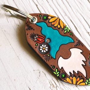 Gnome Keychain - Hand Tooled Leather Key Fob - Sunflowers, Daisies and Tulips Hippie Garden Gnome