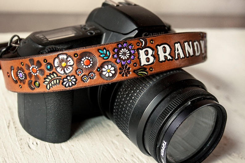 Custom Leather Camera Strap - Floral pattern of Lavender, Turquoise, Yellow, Orange & White - Personalized and Made to Order by Mesa Dreams 