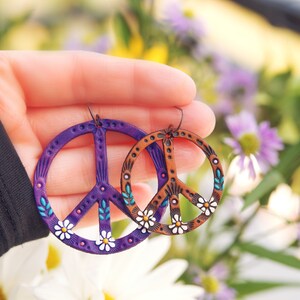 SMALLER Daisy Peace Sign Leather Earrings Hippie Flower Power dangles Hippy colorful and handpainted Made to Order by Mesa Dreams image 5
