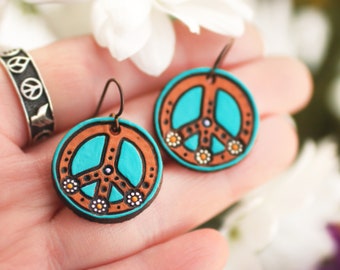 Hand Painted Leather Peace Sign Earrings: Turquoise Daisy Hippie Jewelry