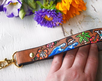 Custom Leather Wrist Strap - Day at the Beach - Ocean, hibiscus flowers, Palm trees, seashells, waves - keychain wristlet tooled leather