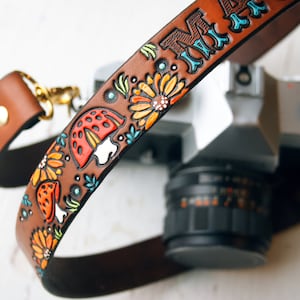 Custom Leather Camera Strap - Mushrooms and Sunflowers- Personalized Floral Leather - Handmade & Handpainted - Toadstool Woodland