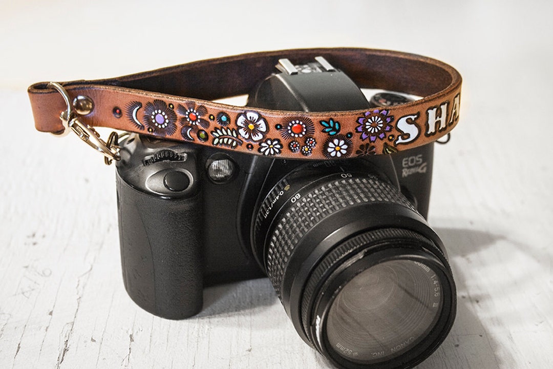 Custom Leather Camera Wrist Strap or Key Ring Floral Pattern Add Your