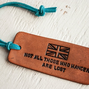 Wander Great Britain luggage tag - Union Jack and J.R.R. Tolkien quote - Not all Those Who Wander Are Lost - keychain or suede cord - Flag