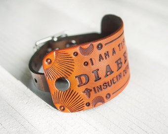 Type 1 Diabetic medical alert bracelet with buckle - Insulin Dependent - Unisex - Hand stamped, tooled and stained leather bracelet