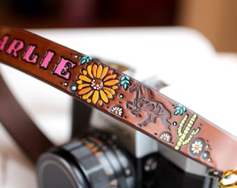 Custom Leather Camera Strap: Hand-Painted Southwestern Equestrian Design