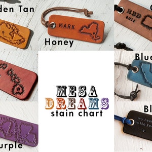 Pode incluir: Carta de colora&ccedil;&atilde;o de couro com amostras de cor e nomes, incluindo Golden Tan, Honey, Red Wine, Plum Purple, Cowboy, Blue Denim e Blackjack. A carta tamb&eacute;m inclui o texto "MESA DREAMS stain chart".
