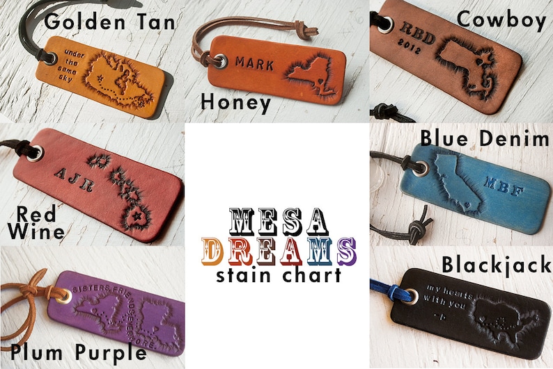 Pode incluir: Carta de colora&ccedil;&atilde;o de couro com amostras de cor e nomes, incluindo Golden Tan, Honey, Red Wine, Plum Purple, Cowboy, Blue Denim e Blackjack. A carta tamb&eacute;m inclui o texto "MESA DREAMS stain chart".
